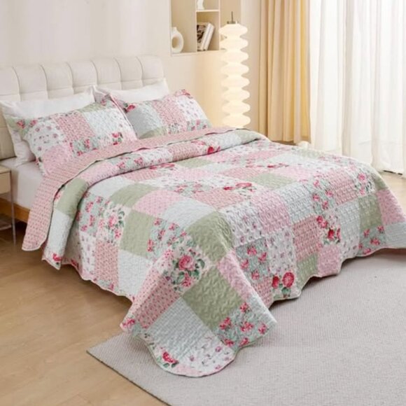 New Pink & Green Floral Patchwork 3-Piece Bedding Quilt Set • QUEEN - Picture 2 of 4